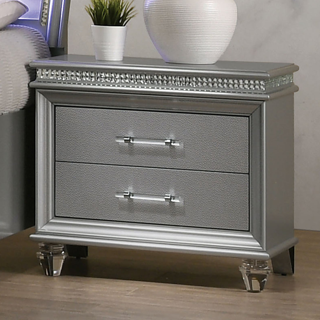 Classic Silver1pc Nightstand Only Contemporary Solid silver-2 drawers-bedroom-bedside