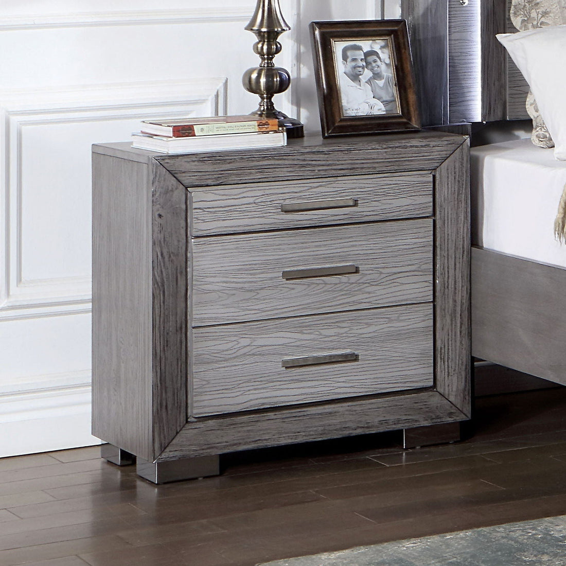 Gray Color Nightstand Bedroom 1pc Nightstand Solid gray-gray-3 drawers-bedroom-bedside