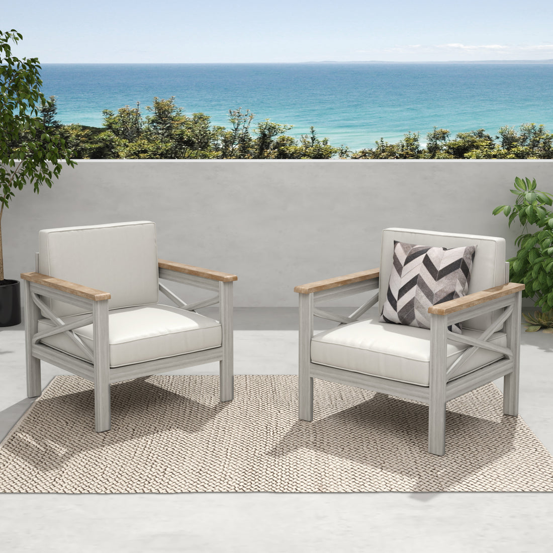 Set of 2, Acacia Wood Outdoor Lounge Chair beige+grey-seats 2-acacia wood