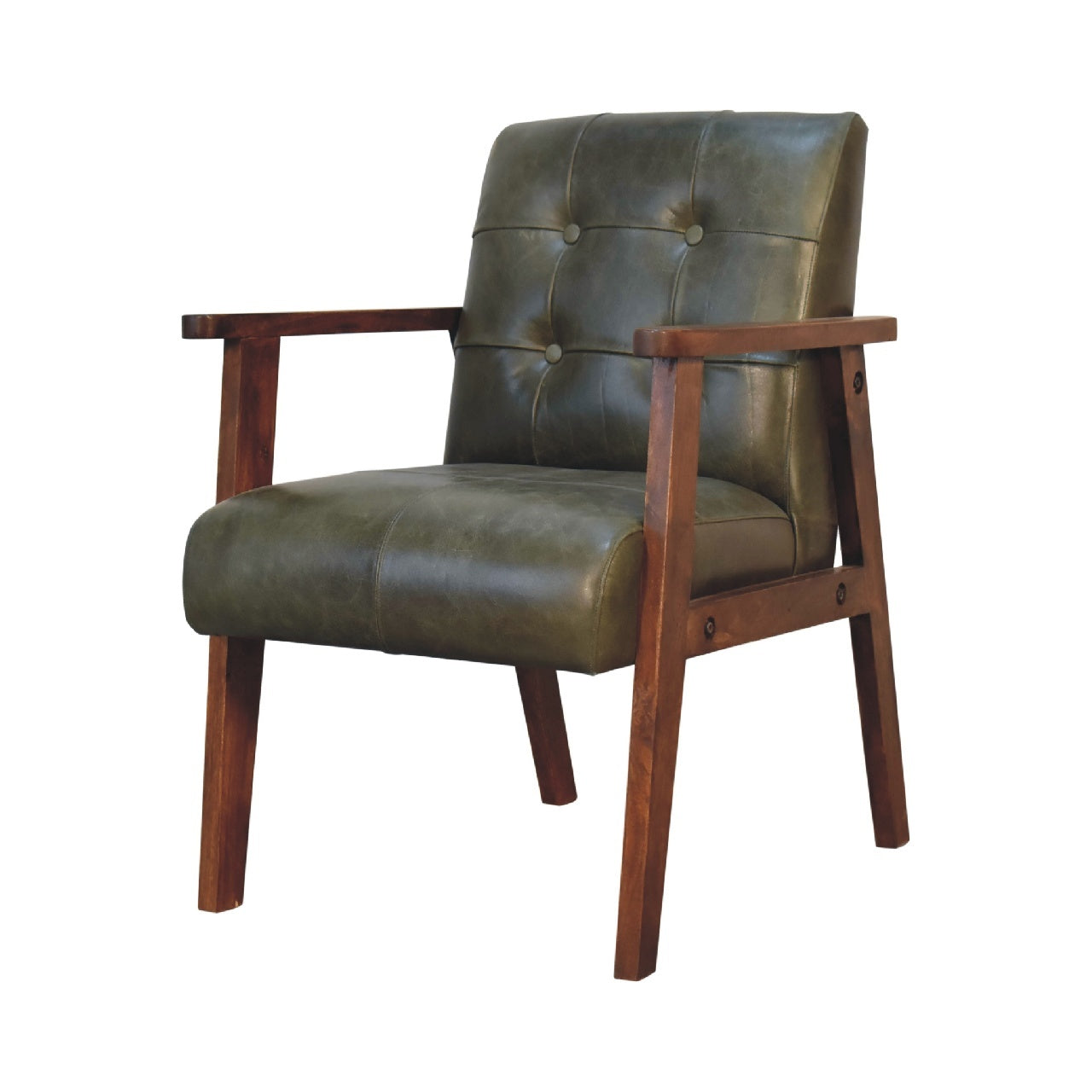 Olive Buffalo Leather Chair - Olive Leather Wood