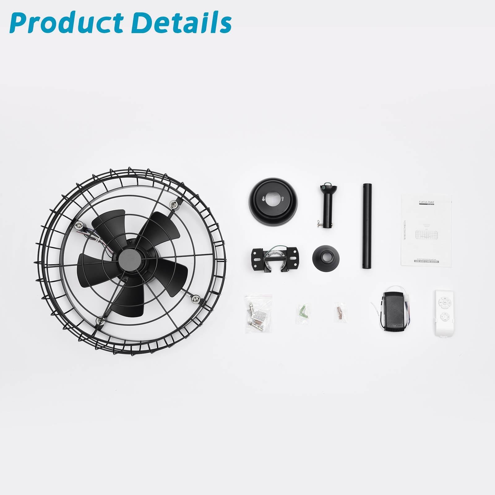 20.24" Caged Ceiling Fan with Remote Control,Timer, 3 matte black-american