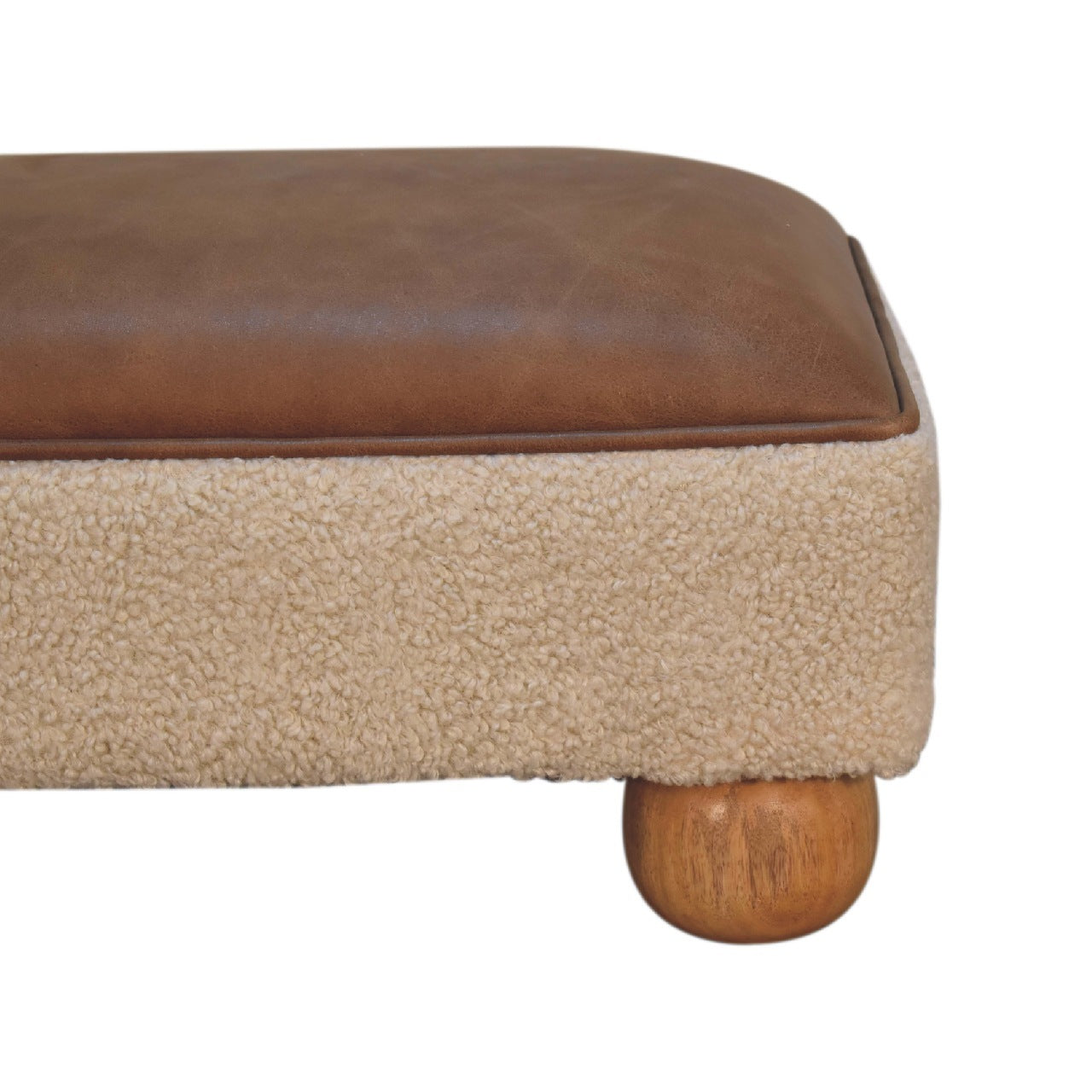 Tan Leather Boucle Ball Footstool - Tan Leather
