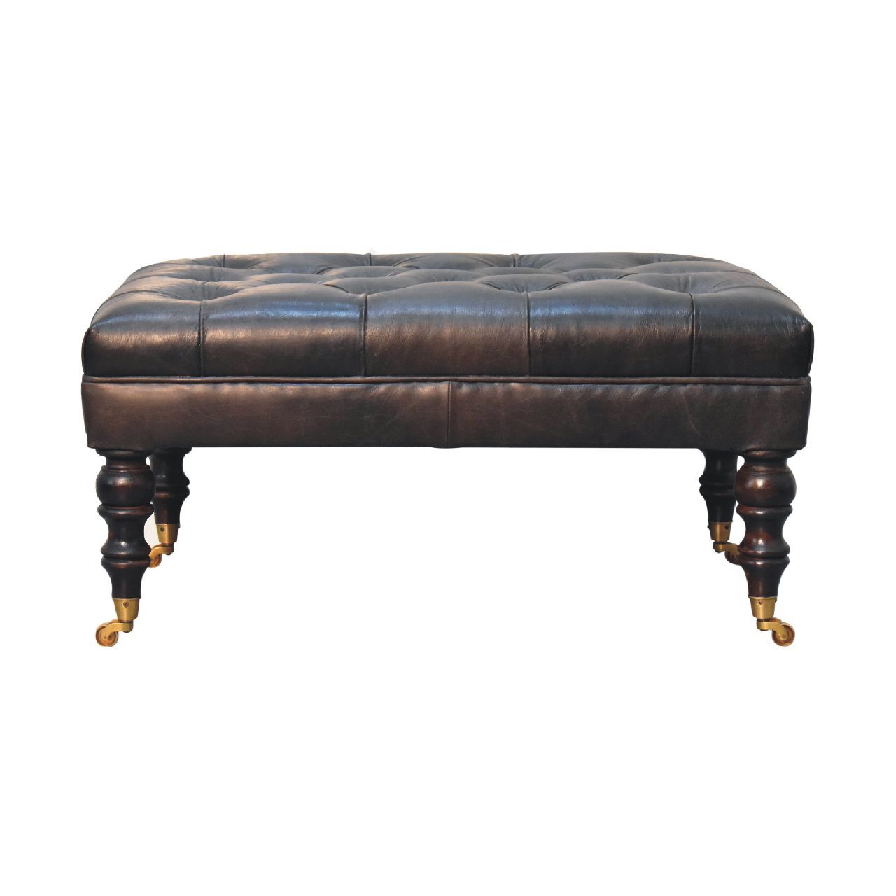 Buffalo Ash Black Leather Ottoman With Castor