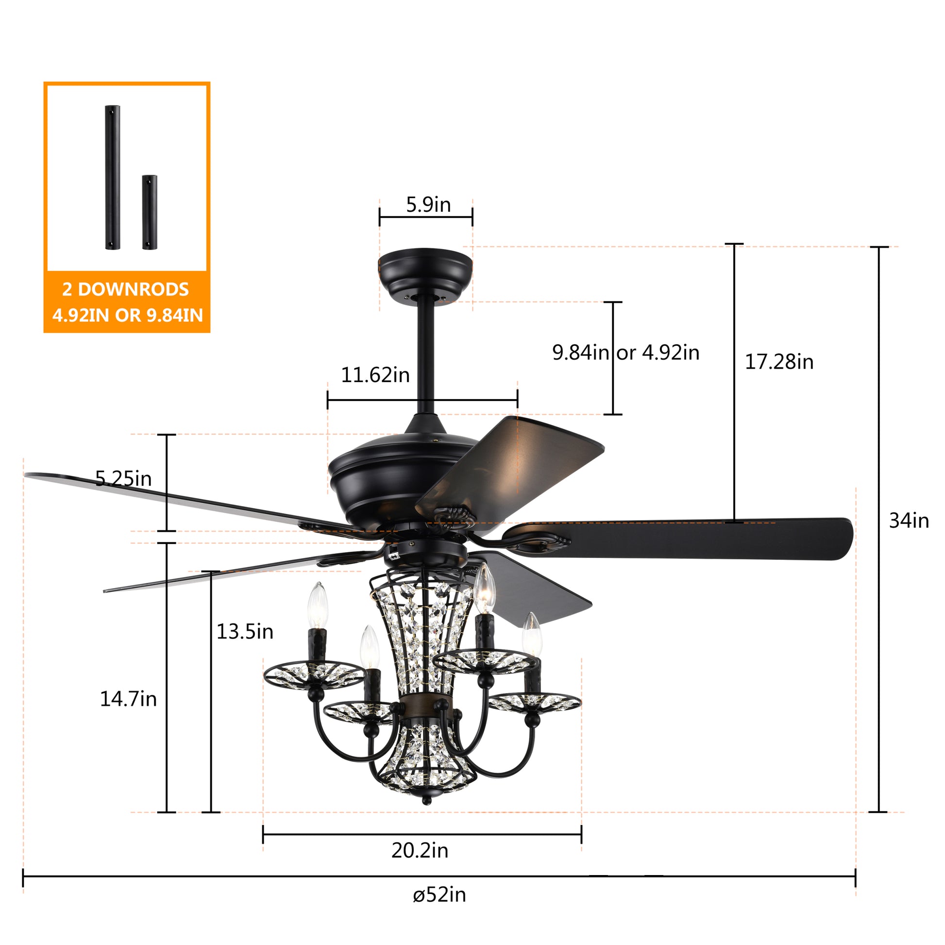 52 Inch Crystal Chandelier Fan with Lights and Remote matte black-american