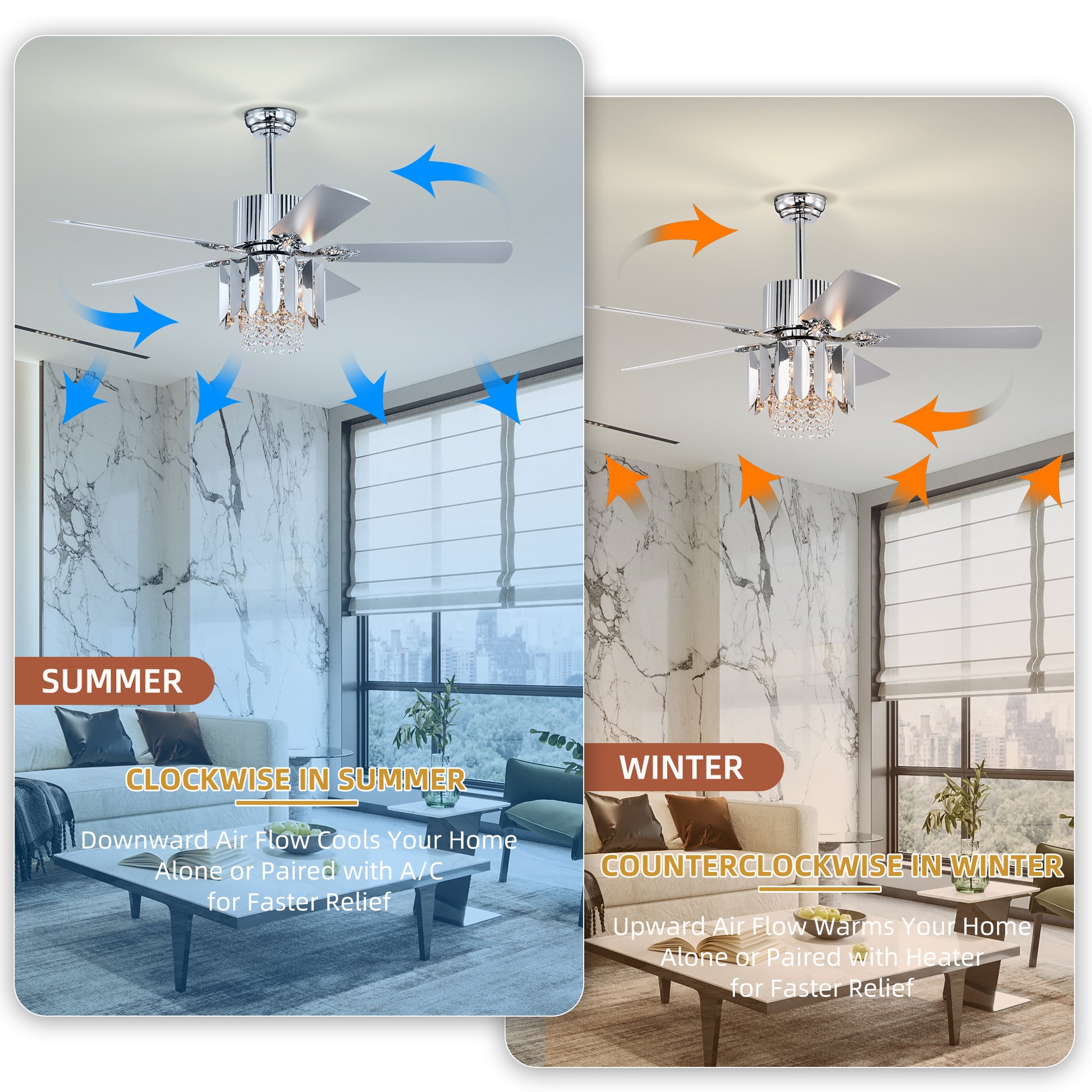 Crystal Ceiling Fan Reversible Blades 3 Wind