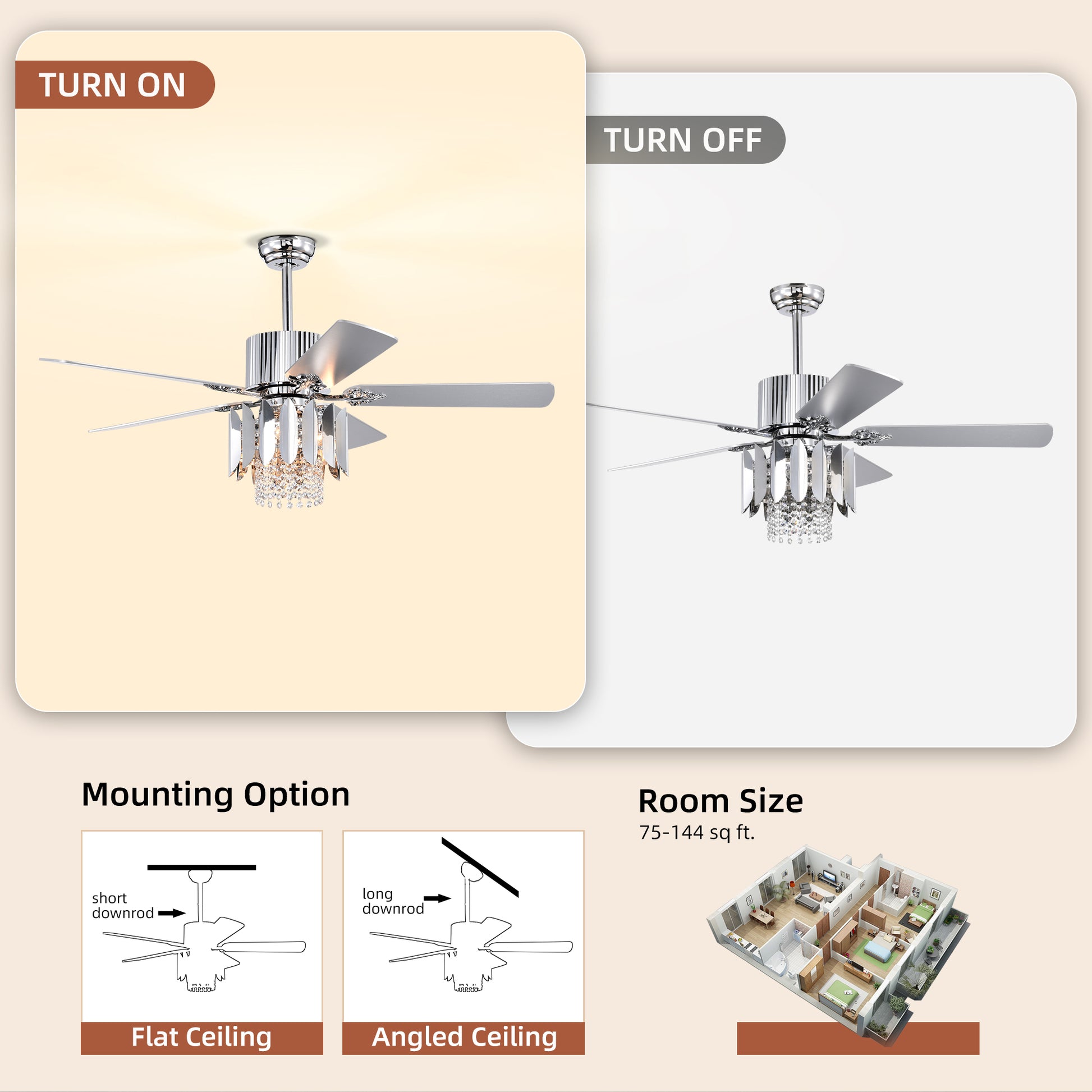 Crystal Ceiling Fan Reversible Blades 3 Wind