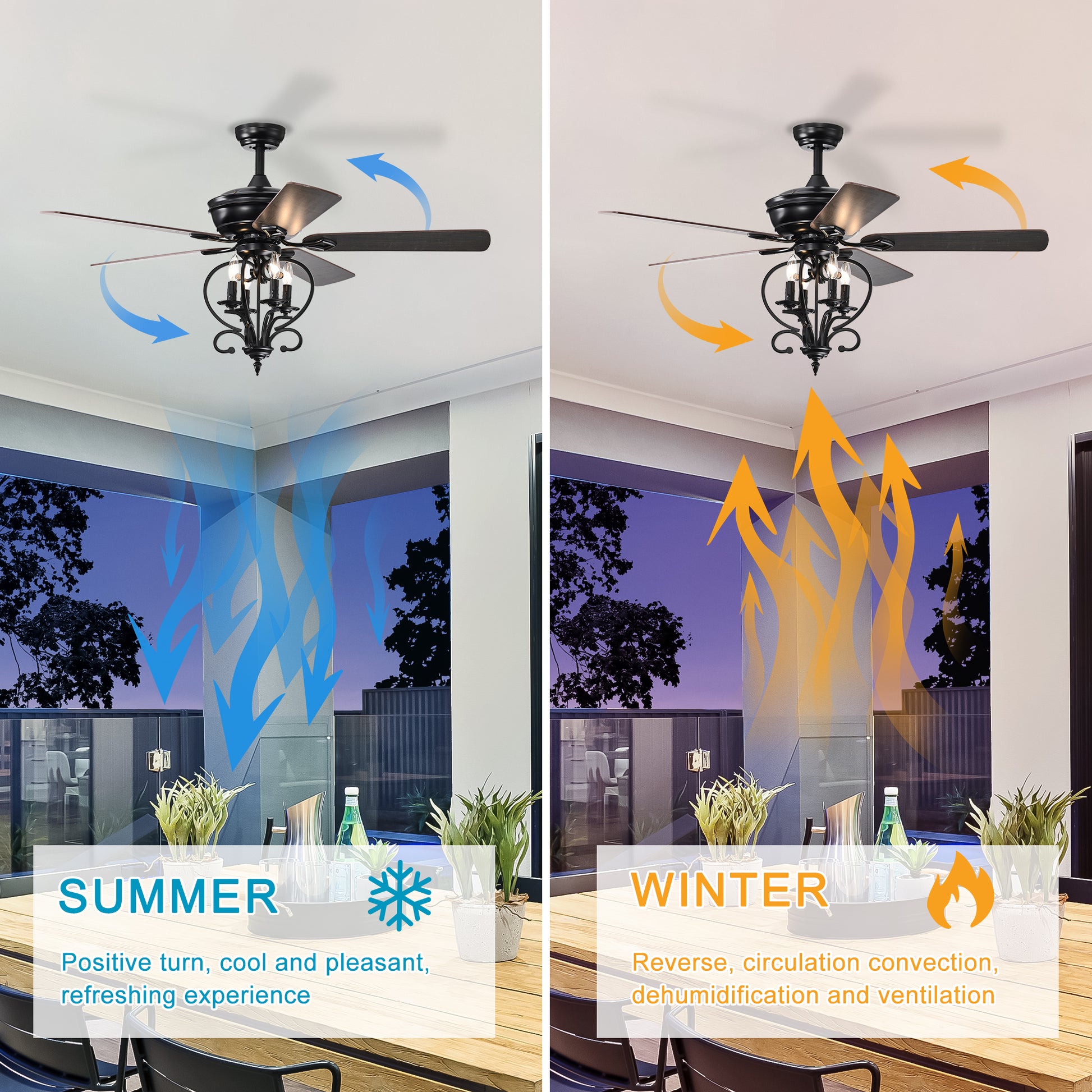 52 inch 4 Lights Ceiling Fan with 5 Wood Blades, Two matte black-traditional-wood-metal