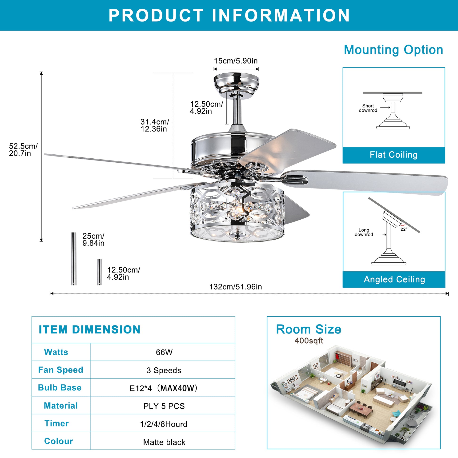 52 Inch Crystal Chandelier Fan Dual Finish Reversible chrome-american