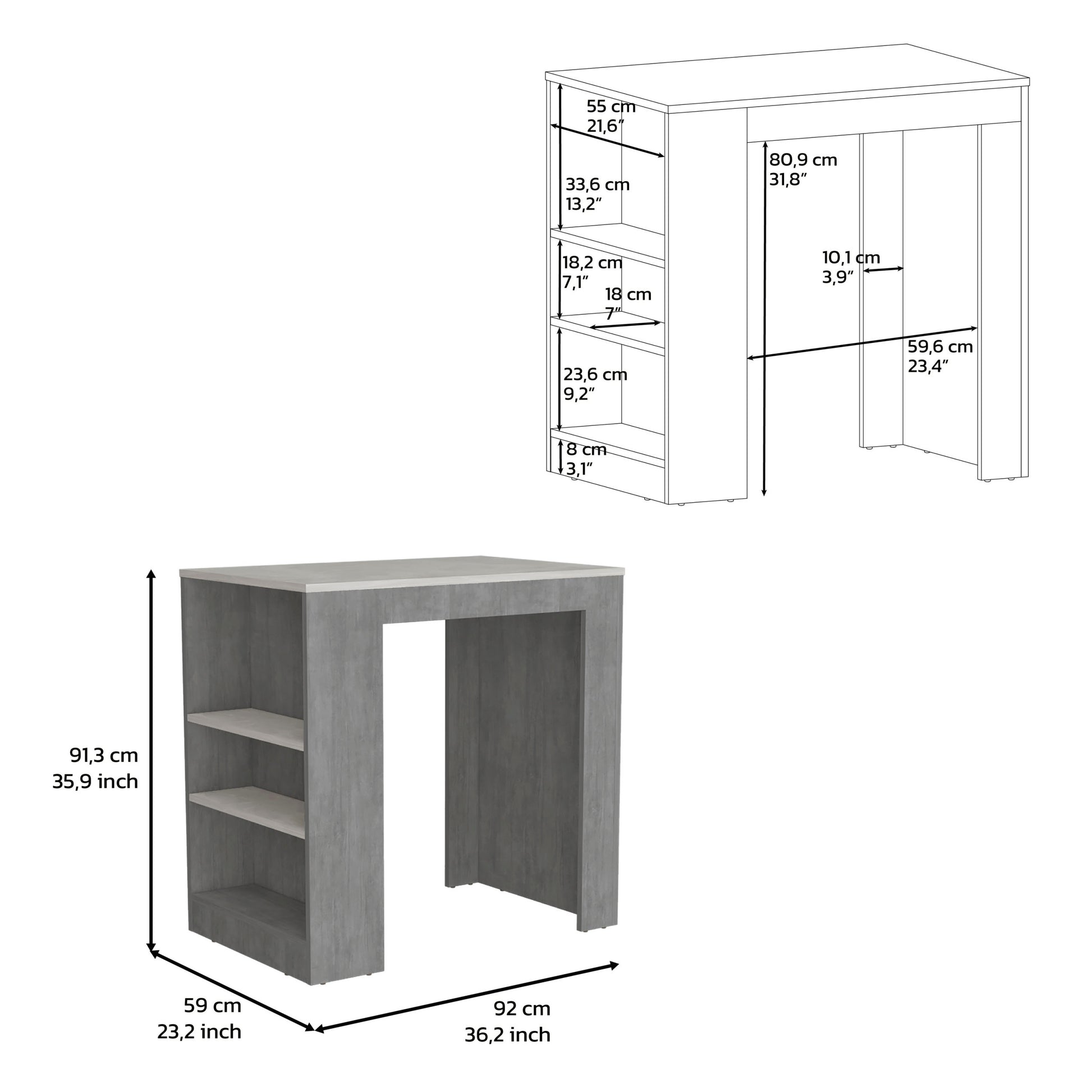 Kitchen Island, Kitchen Bar Table 36" H, 3 Side grey multi-particle board-pine