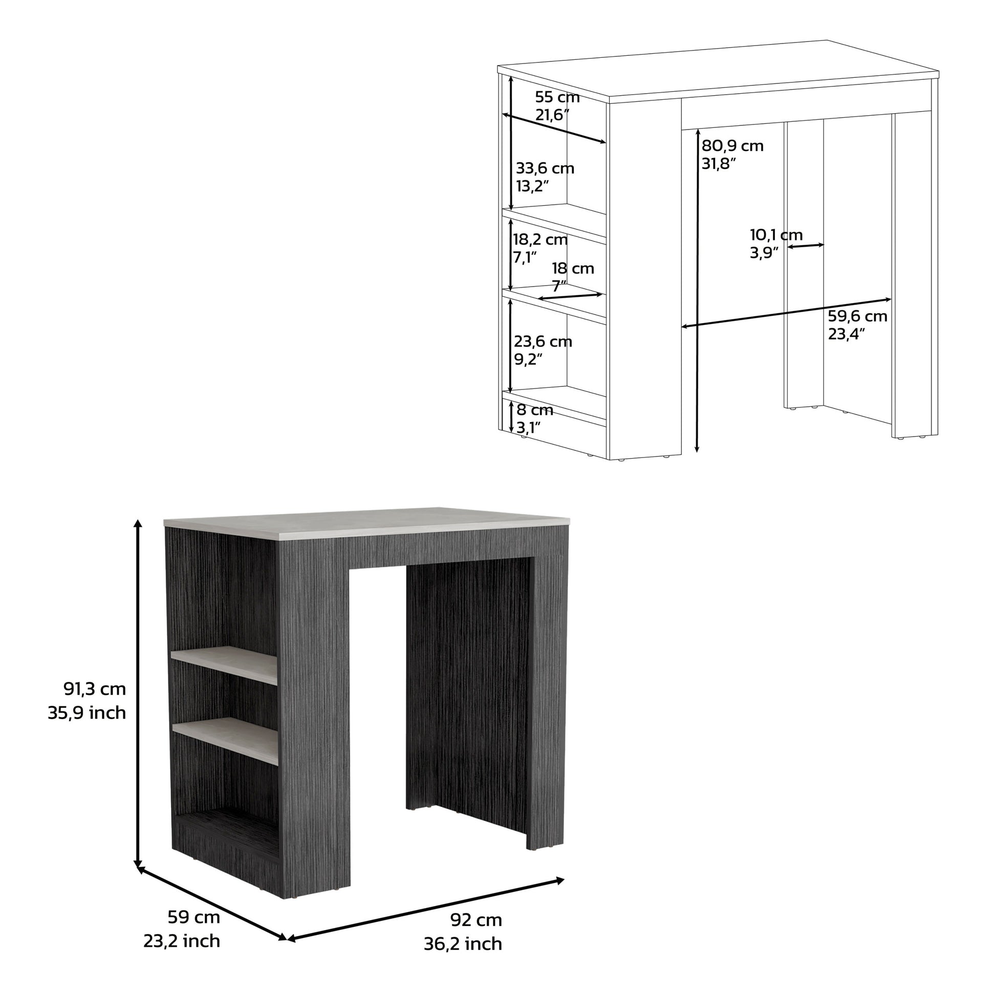 Kitchen Island, Kitchen Bar Table 36" H, 3 Side multicolor-particle board-pine