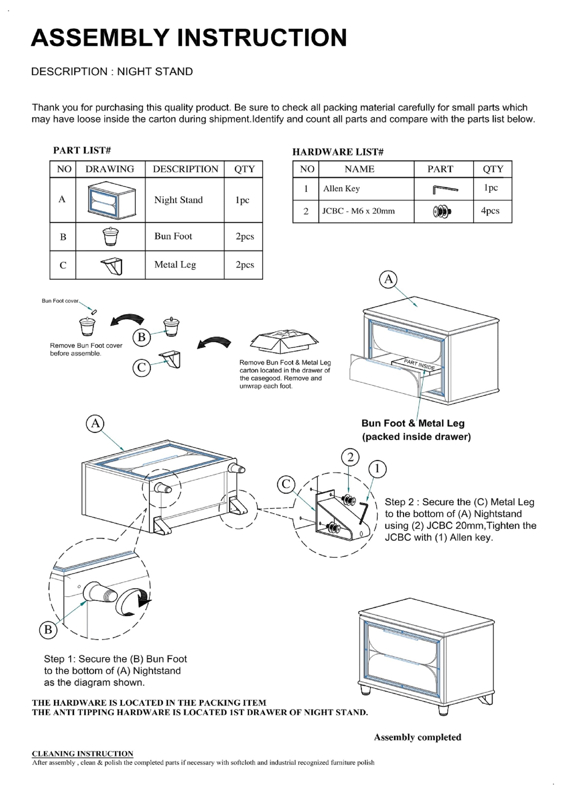 1pc Contemporary Nightstand End Table with Two Storage white-2 drawers-bedside cabinet-wood