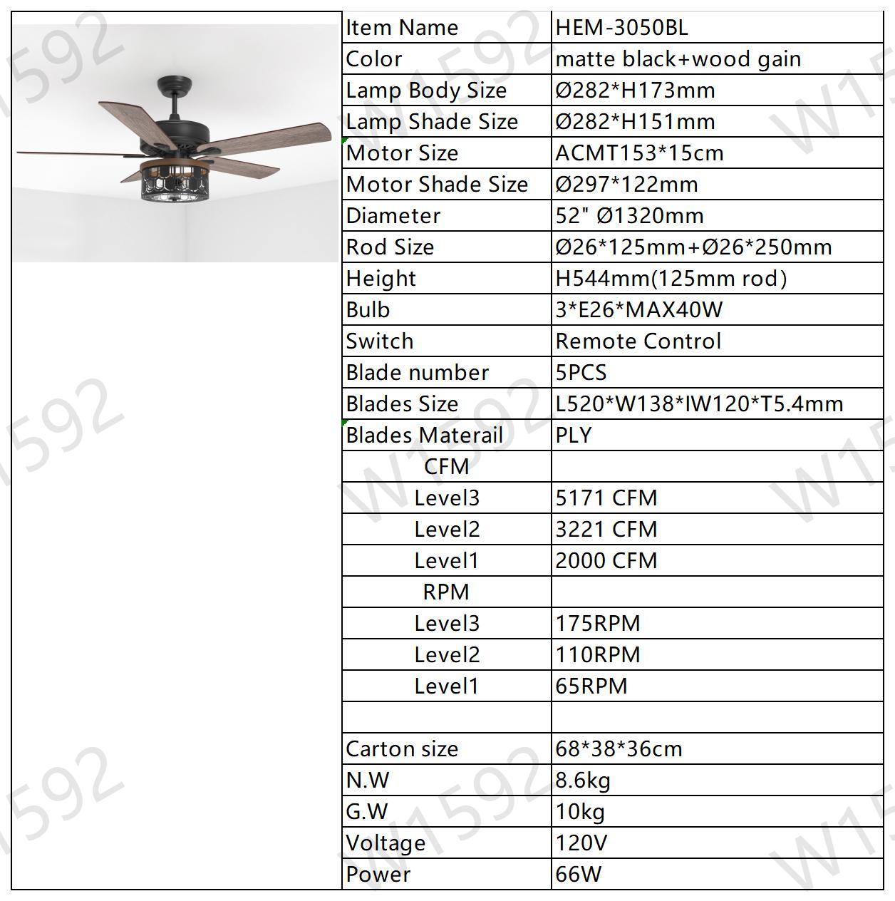 52'' Plywood blades ceiling fan with remote