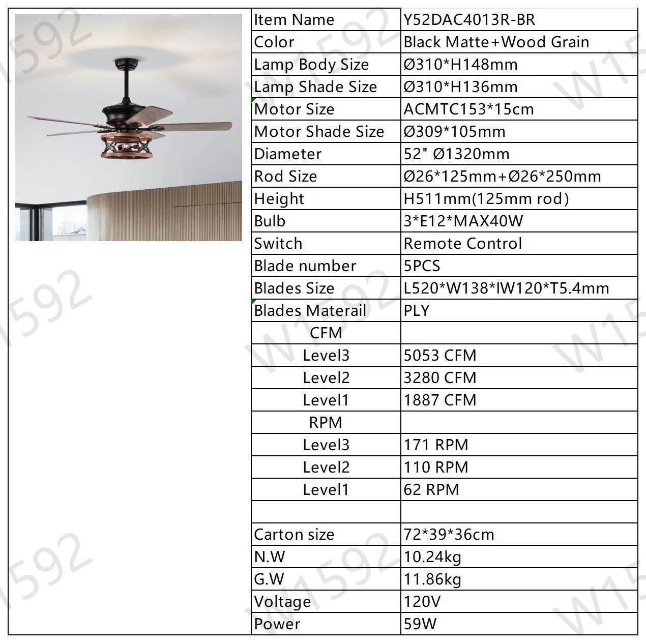 52 Inch Farmhouse Ceiling Fan with Lights and Remote,3 matt black-american design-american