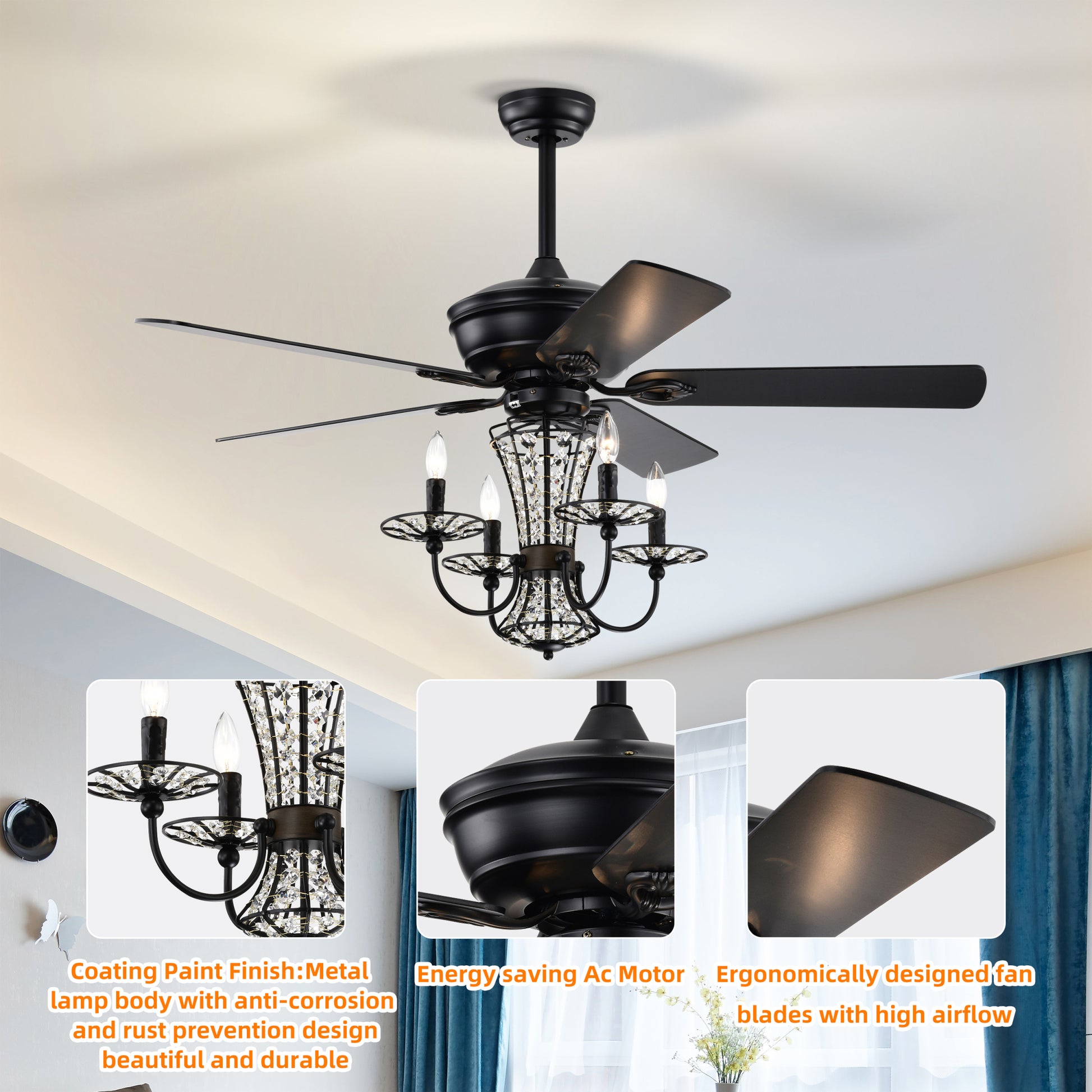 52 Inch Crystal Chandelier Fan with Lights and Remote matte black-american