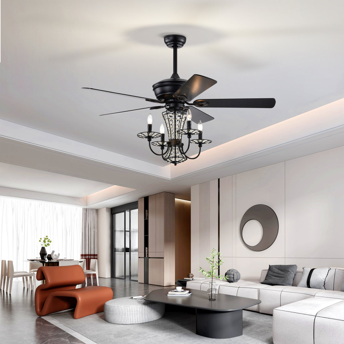 52 Inch Crystal Chandelier Fan with Lights and Remote matte black-american