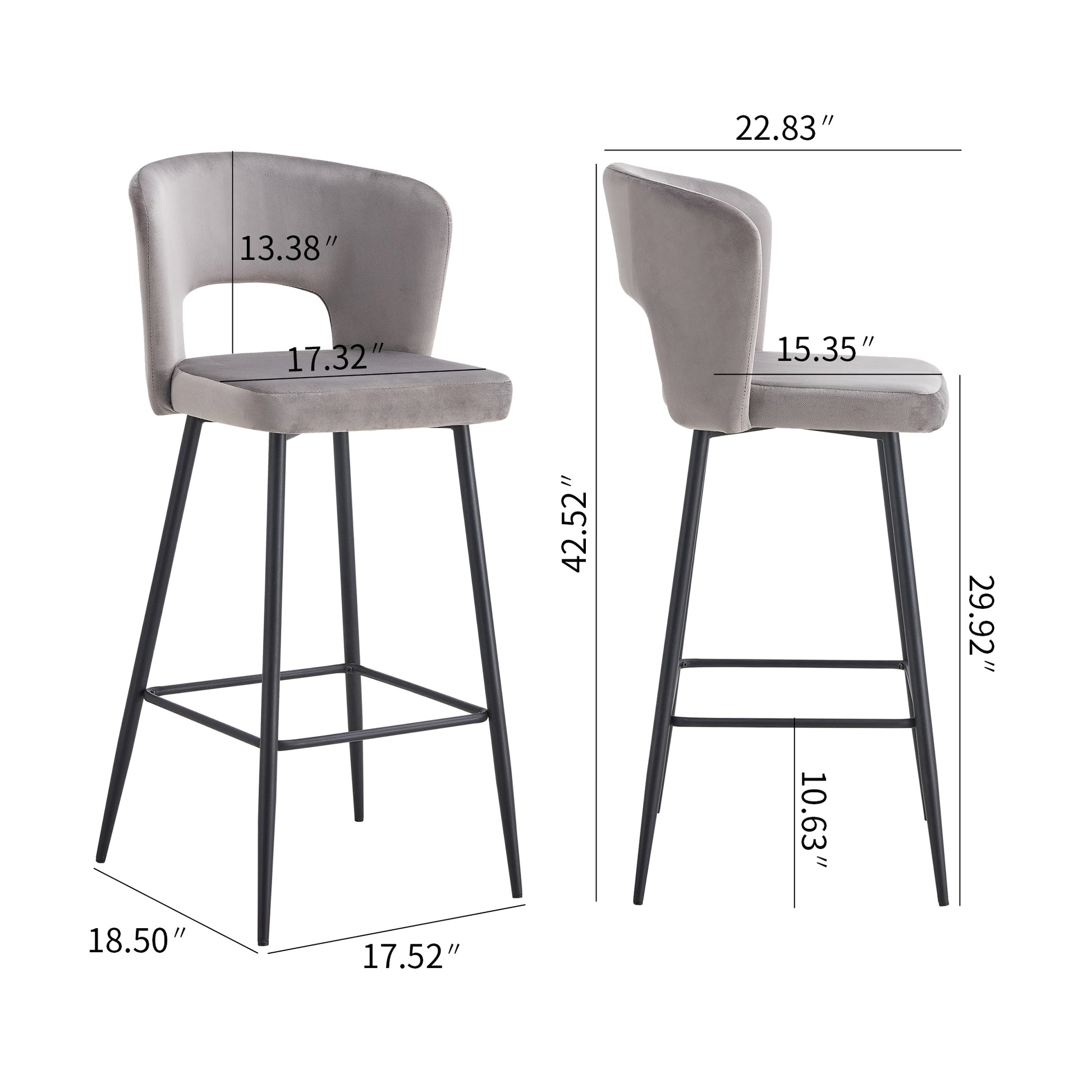 SET OF 2 Gray Fashion velvet stool, Counter Height gray-bar stools & counter stools-velvet-garden &