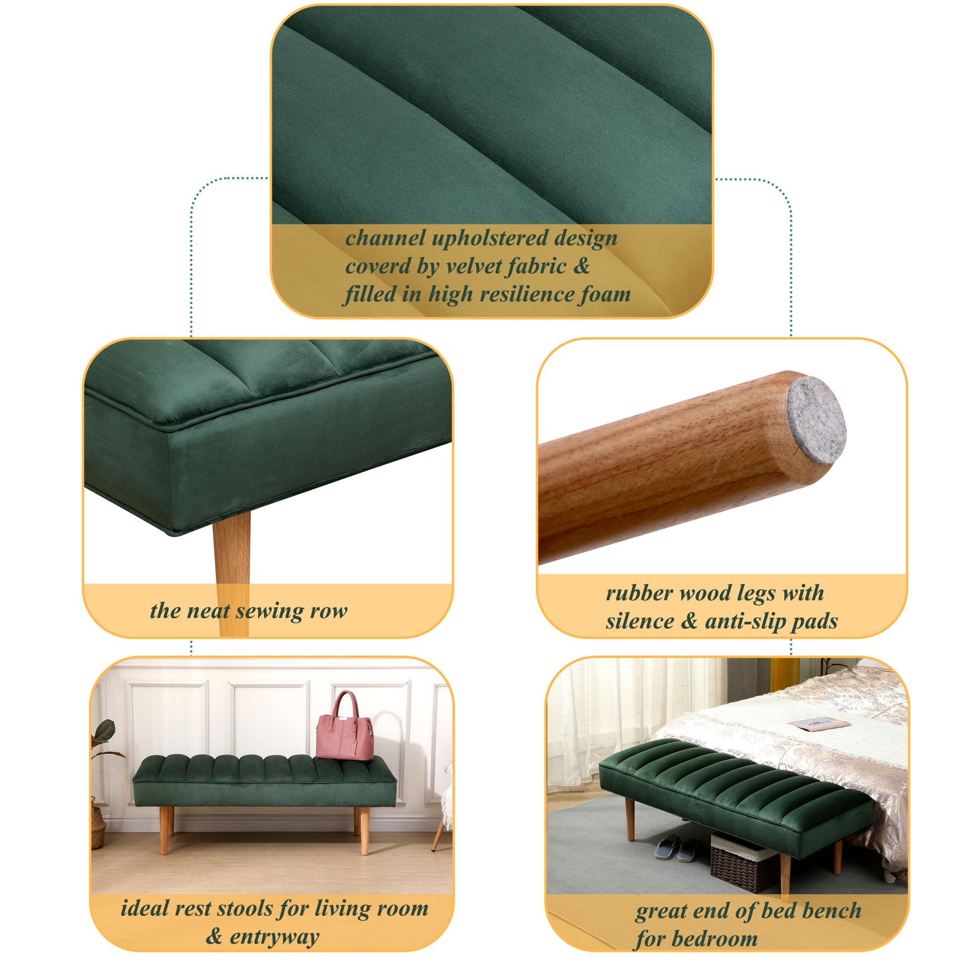 Accent Channel Tufted Ottoman Green Velvet End of Bed green-primary living