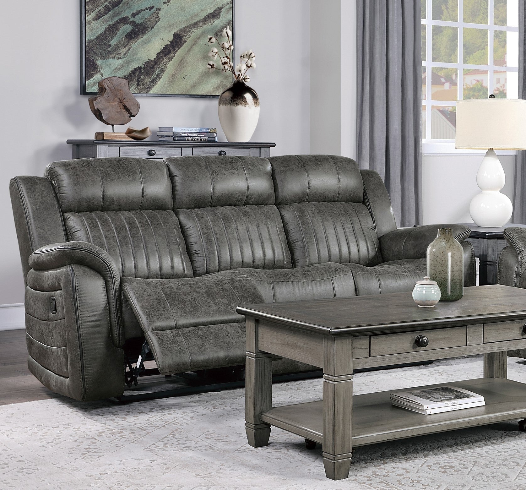 Classic Brownish Gray 1pc Double Reclining Sofa Plush gray-microfiber-wood-classic-transitional-pillow