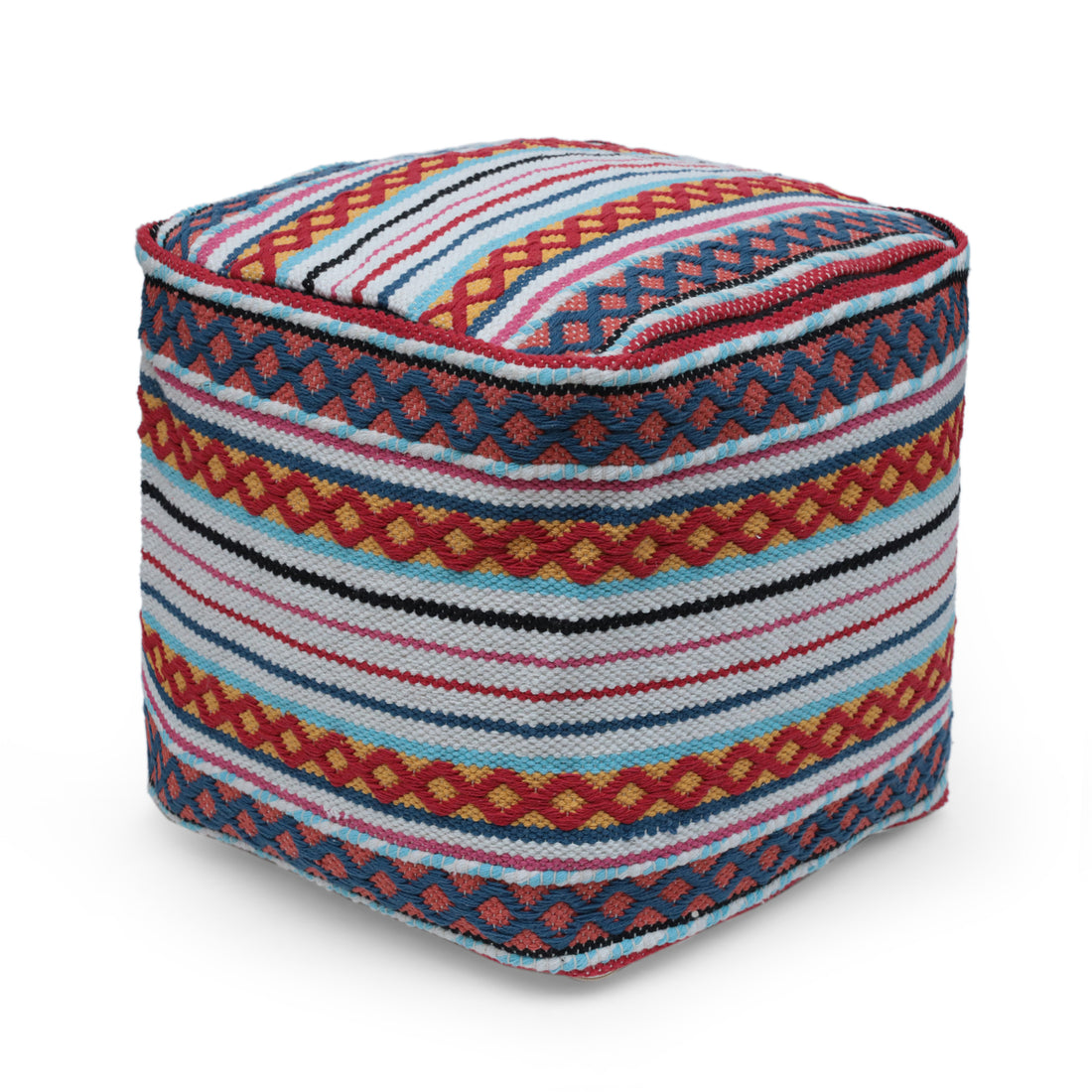 Hamlet Square Pouf, White, Yellow and Multi Red