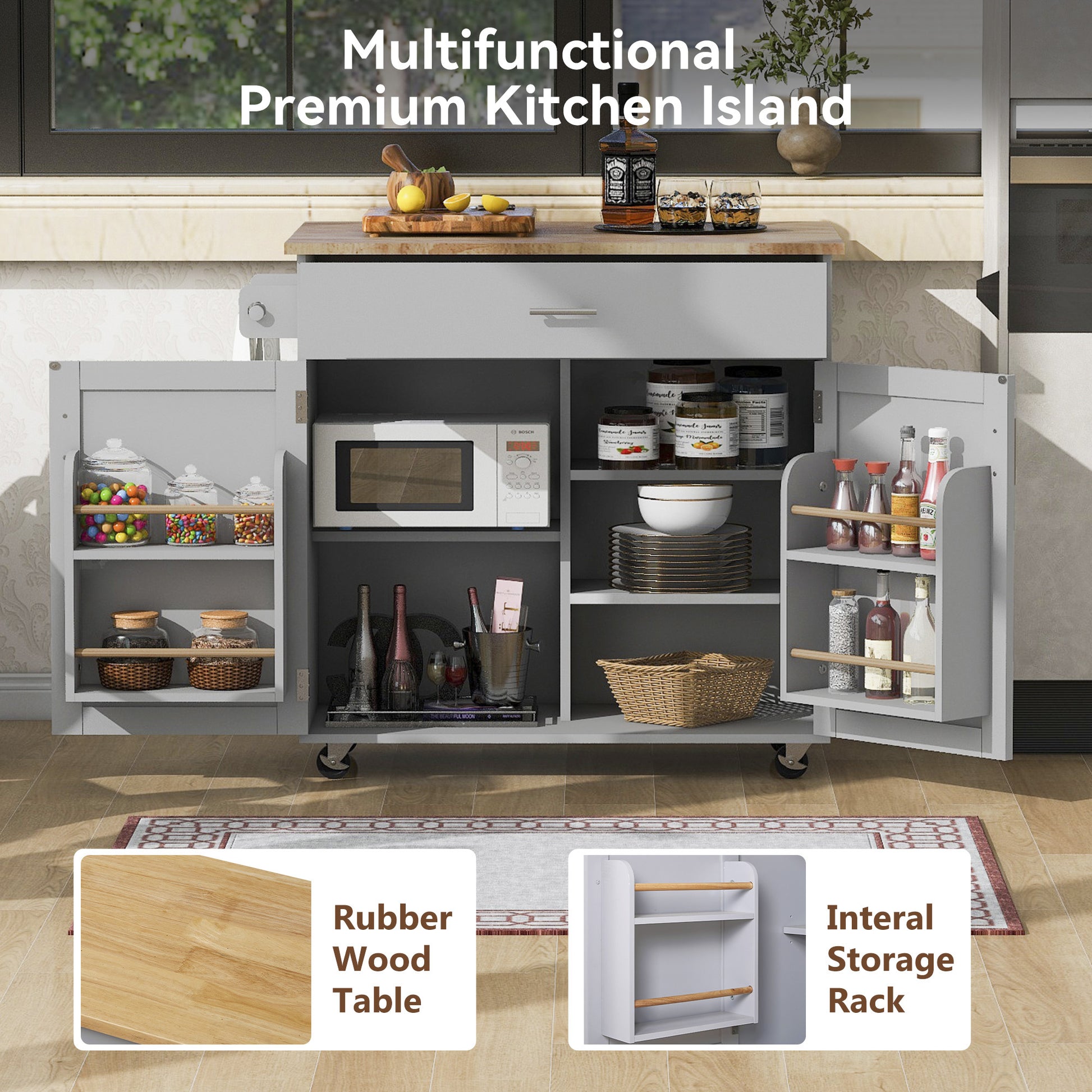 K&K Rolling Kitchen Island with Storage, Kitchen Cart