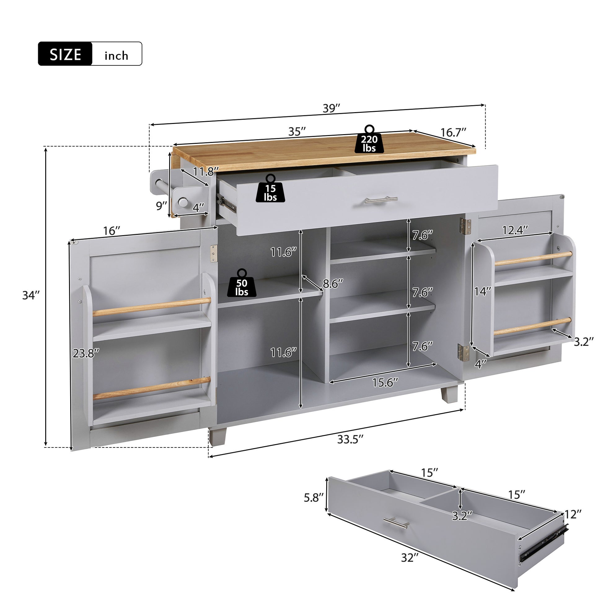 K&K Rolling Kitchen Island with Storage, Kitchen Cart