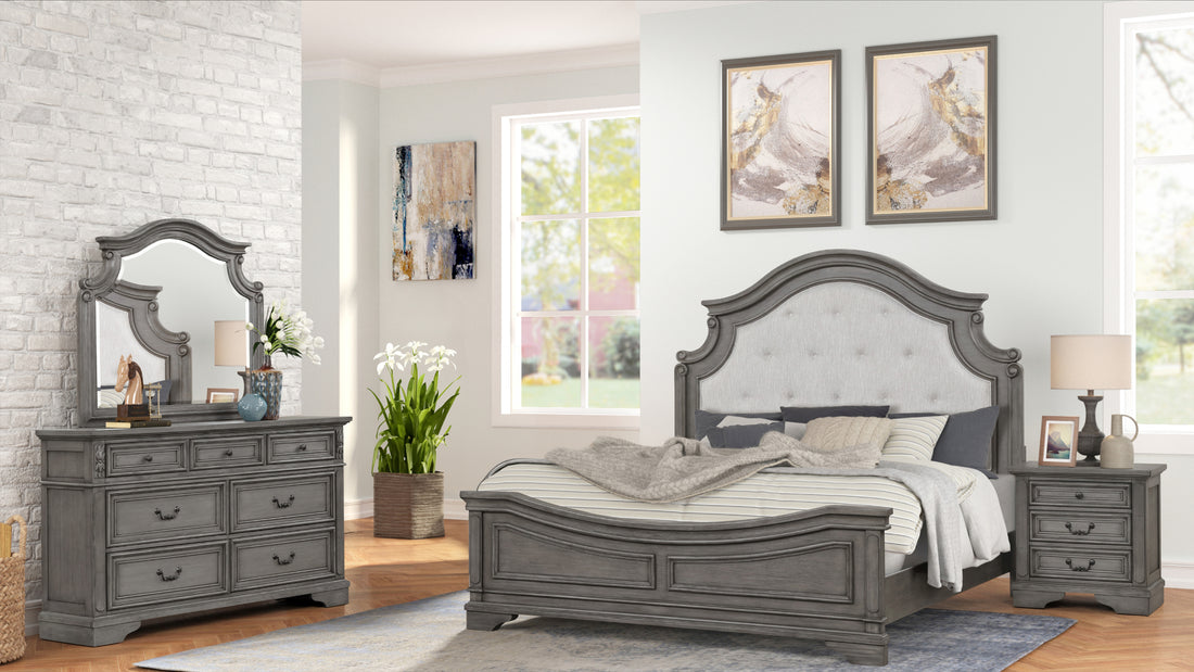 Grace Traditional Style Queen 4 Pc Bedroom Set Made box spring required-queen-gray-wood-4 piece