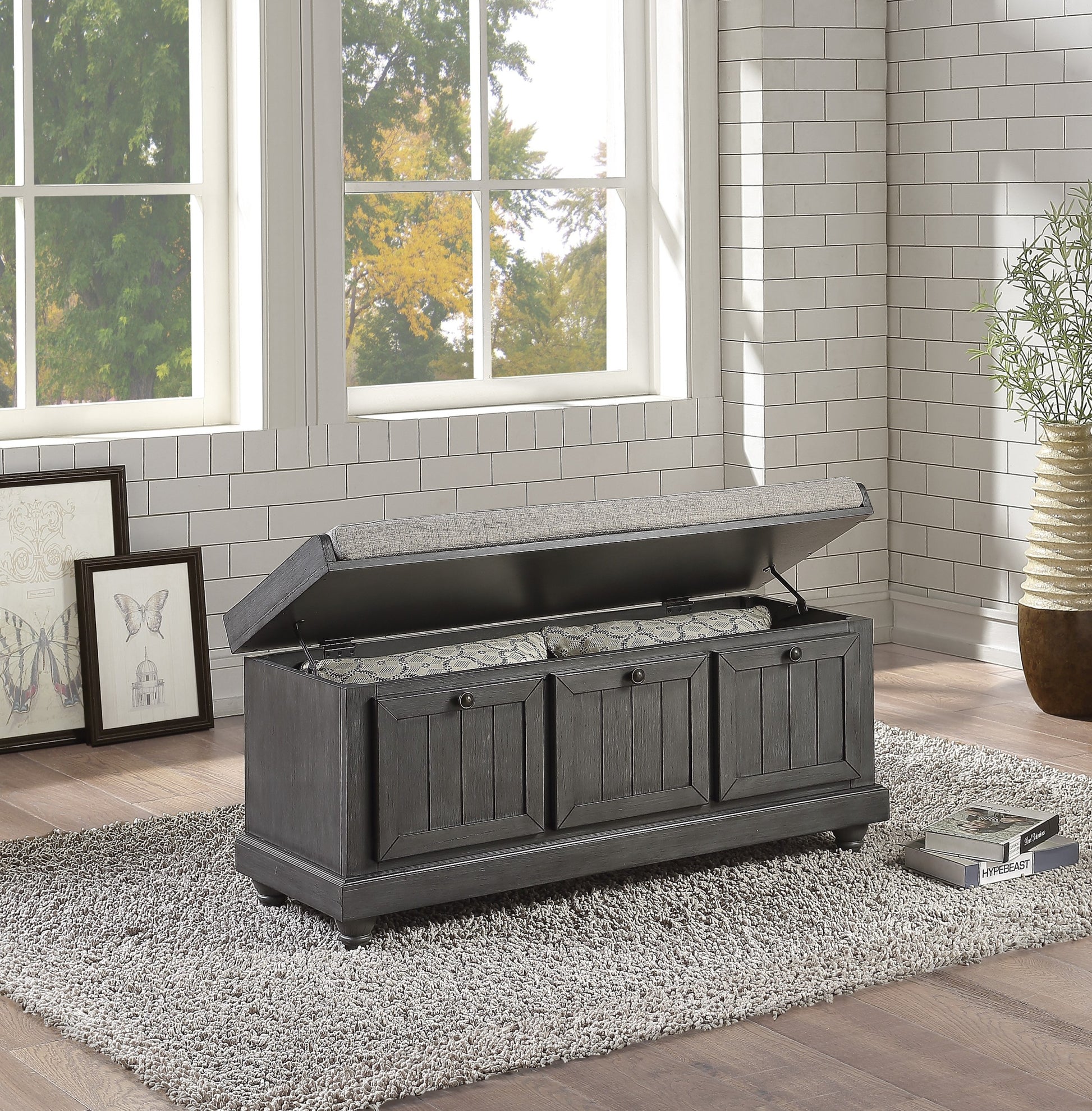 1pc Durable Storage Bench Dark Gray Finish Foam distressed finish-dark gray-polyester-primary