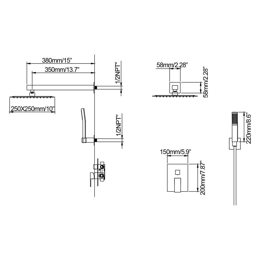 Square two handle two function concealed Bathroom