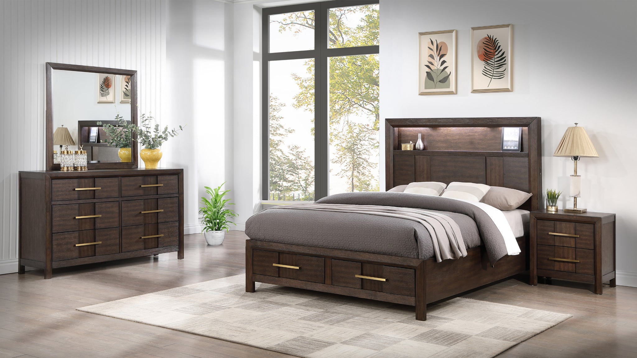 Kenzo Modern Style King 4PC Storage Bedroom Set Made box spring not required-king-walnut-wood-4 piece