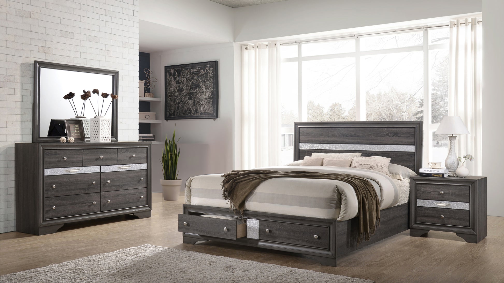 Matrix Traditional Style King 4 Piece Storage Bedroom box spring not required-king-grey-wood-4 piece