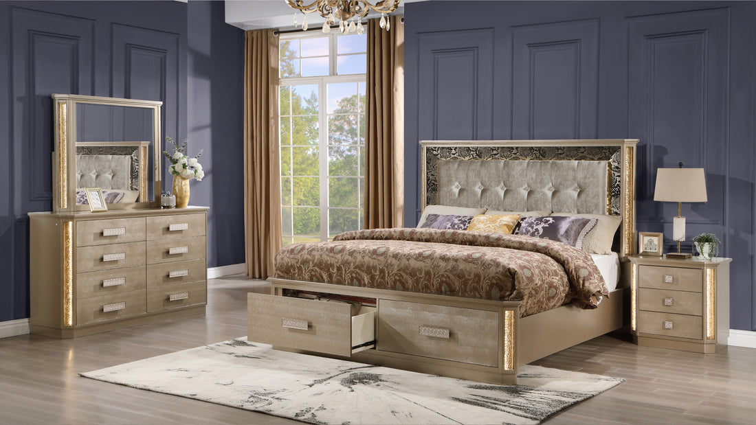 Medusa Queen 4PC Bedroom set Made with Wood in Gold box spring not required-queen-gold-wood-4 piece