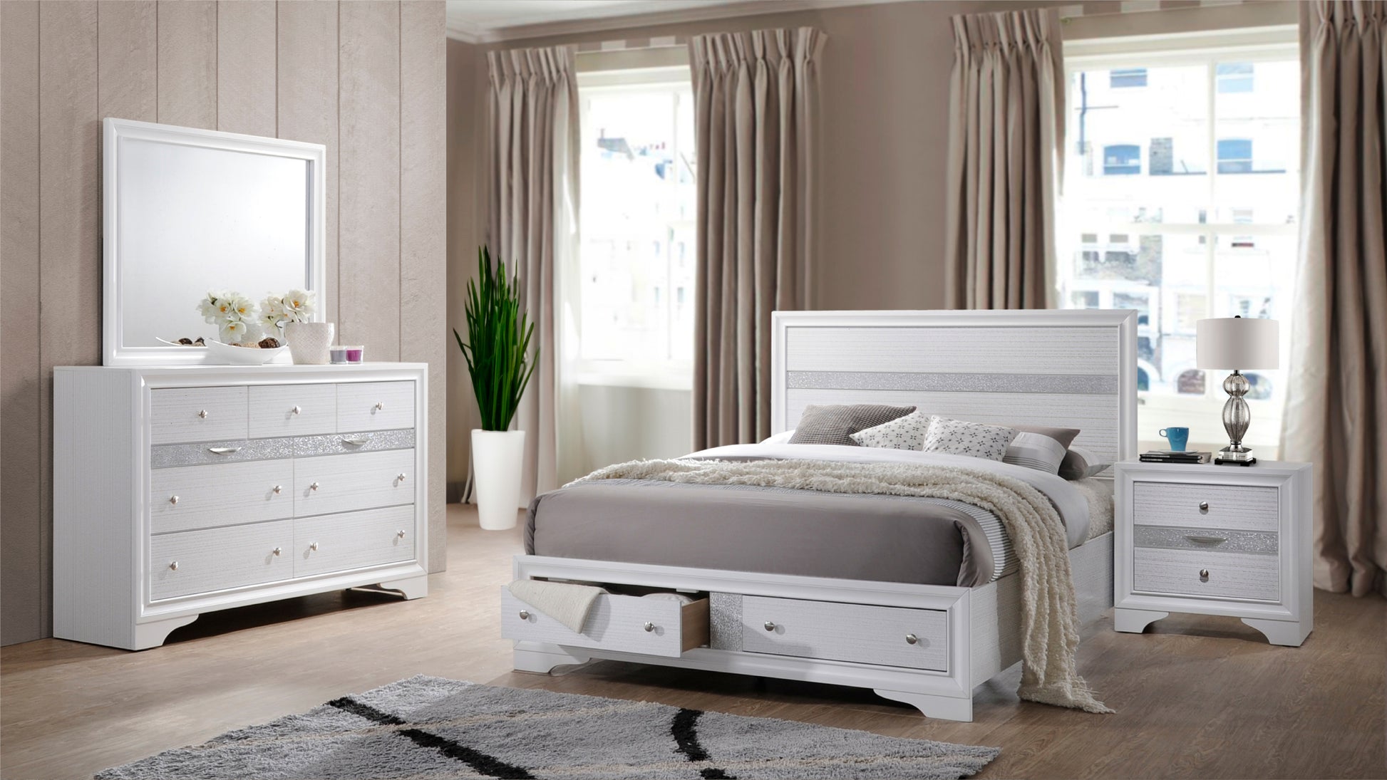 Matrix Traditional Style Queen 4 Pc Storage Bedroom box spring not required-queen-white-wood-4 piece