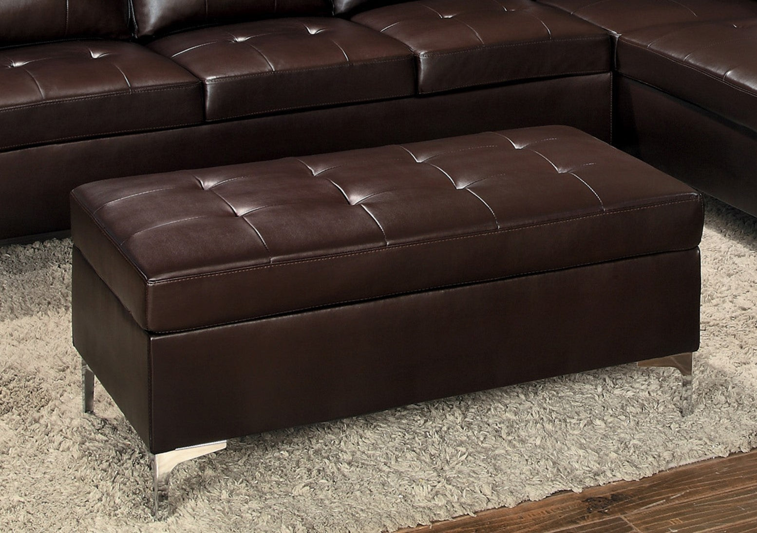 Contemporary Brown Tufted Top 1pc Ottoman Faux Leather brown-wood-primary living