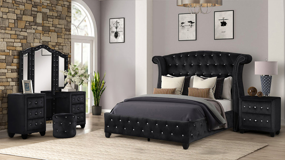 Sophia Queen 4 Pc Vanity Upholstery Bedroom Set Made box spring not required-queen-black-wood-4 piece