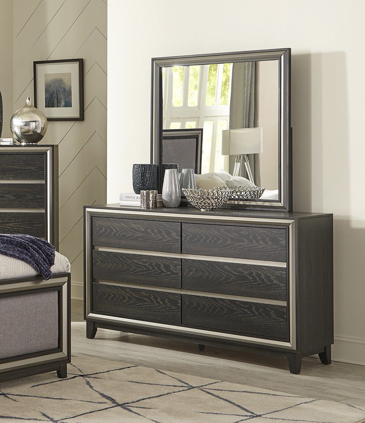 Modern Bedroom 1pc Dresser of 6 Drawers Grooves ebony-bedroom-contemporary-modern-wood