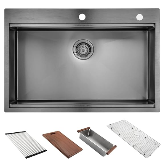 27" x 22" Drop In Kitchen Sink Gunmetal Black, 16