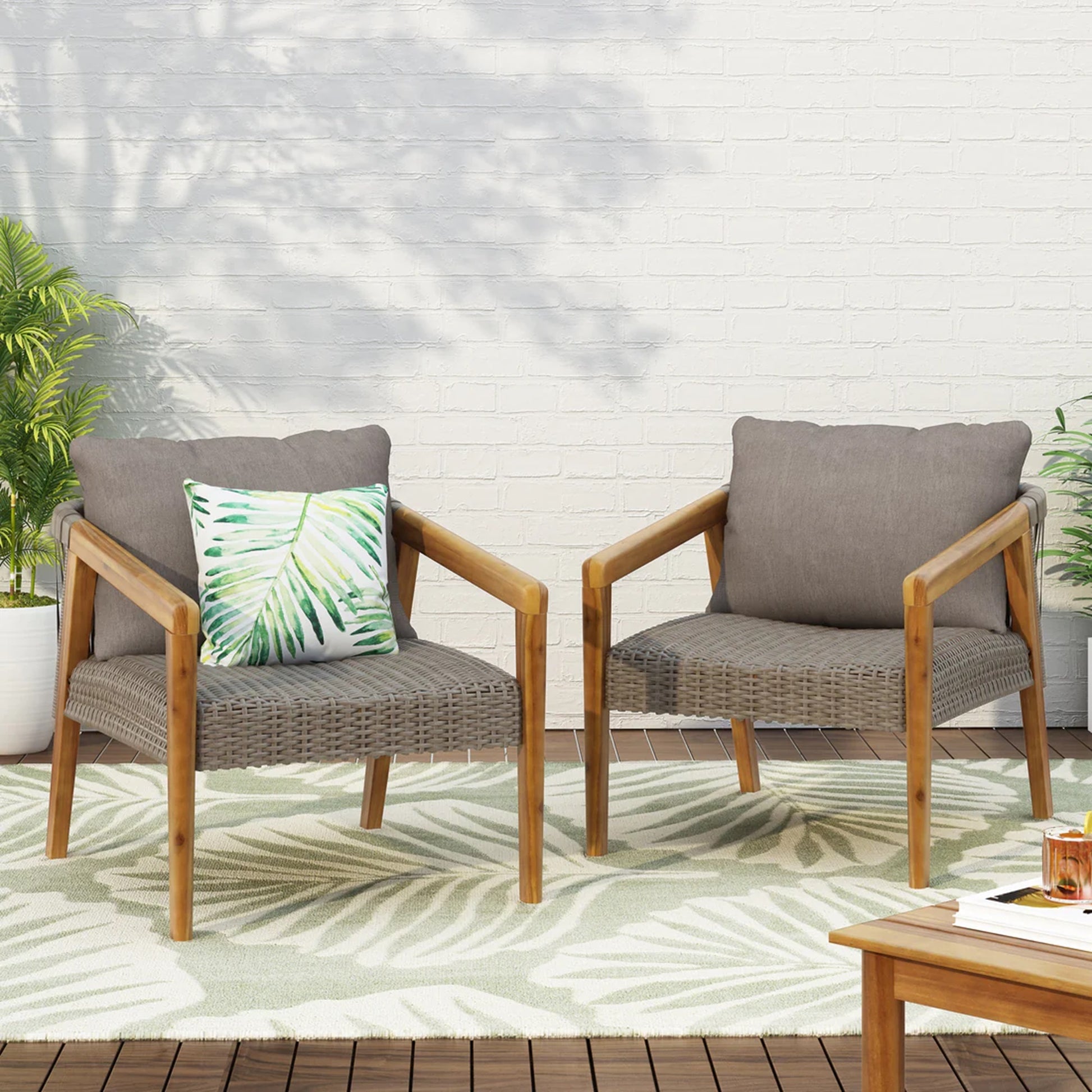 Set of 2 Outdoor Acacia Wood Club Chairs with Cushions grey-acacia wood