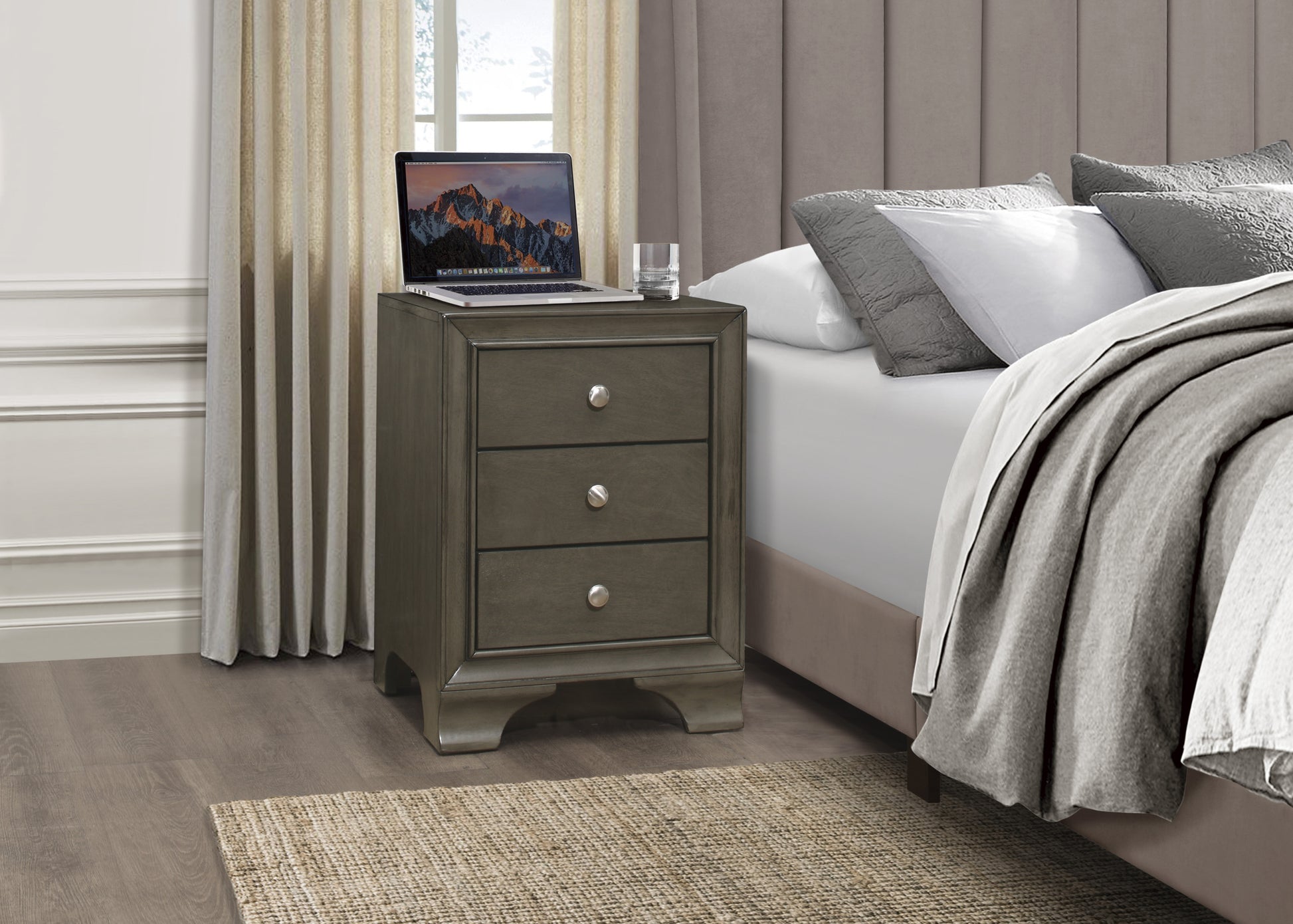 Gray Finish 3 Drawers Nightstand with 2 USB Ports gray-3 drawers-bedroom-bedside