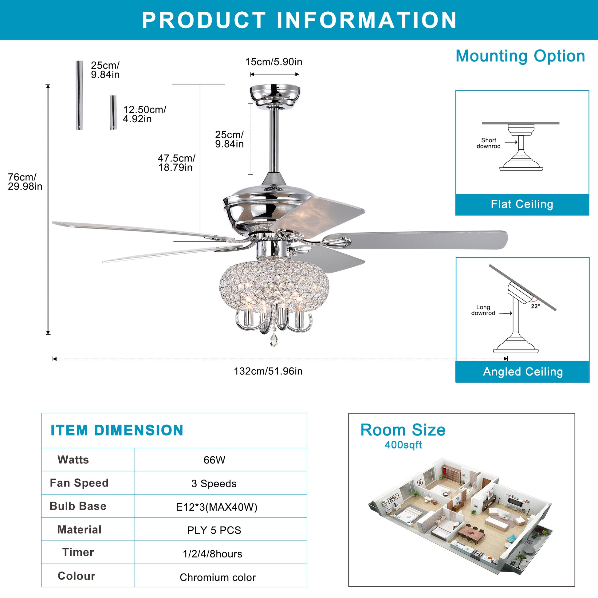 52 Inch Crystal Ceiling Fan With Lights Fandelier