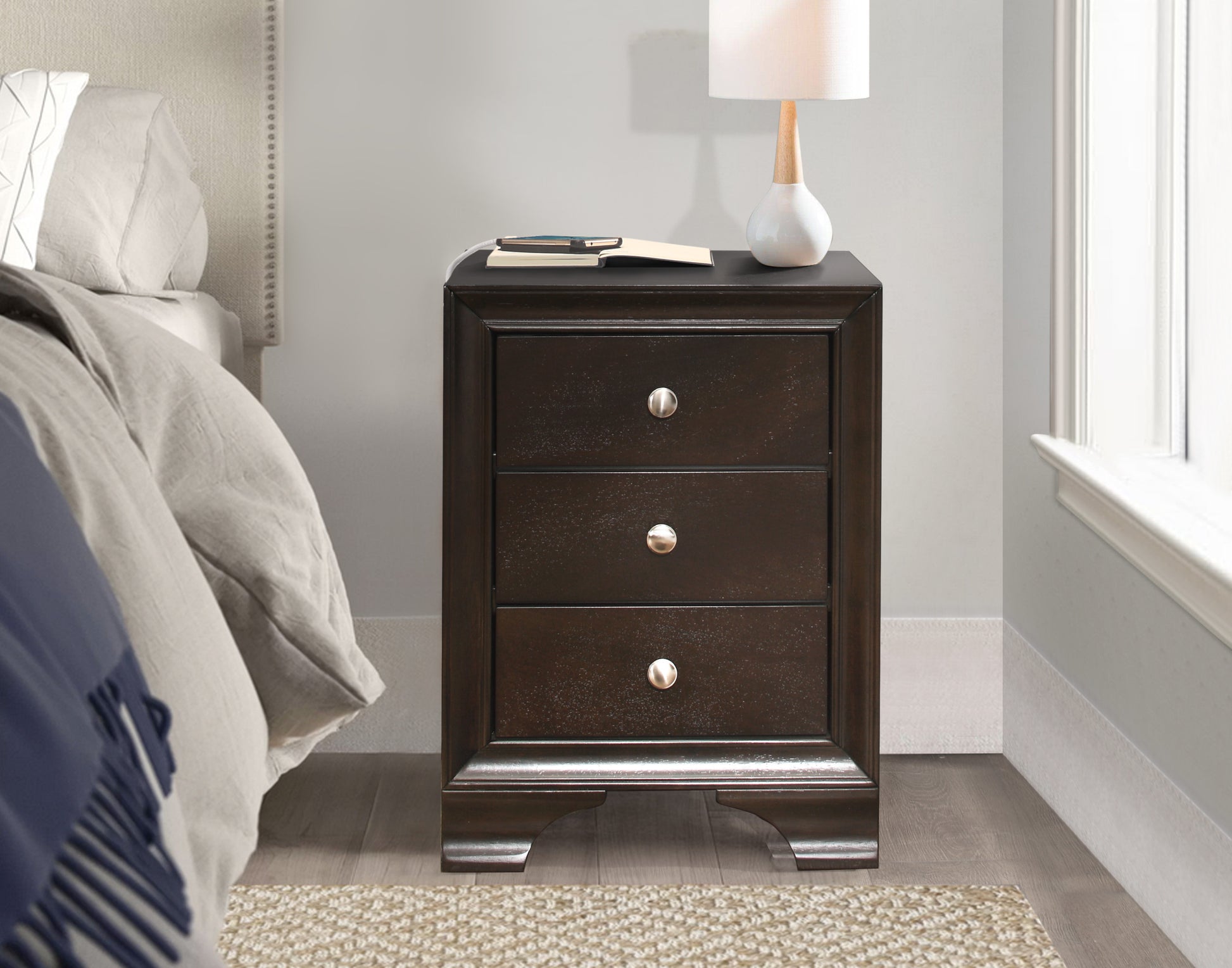 Brown Cherry Finish 3 Drawers Nightstand with 2 USB brown mix-3 drawers-bedroom-bedside