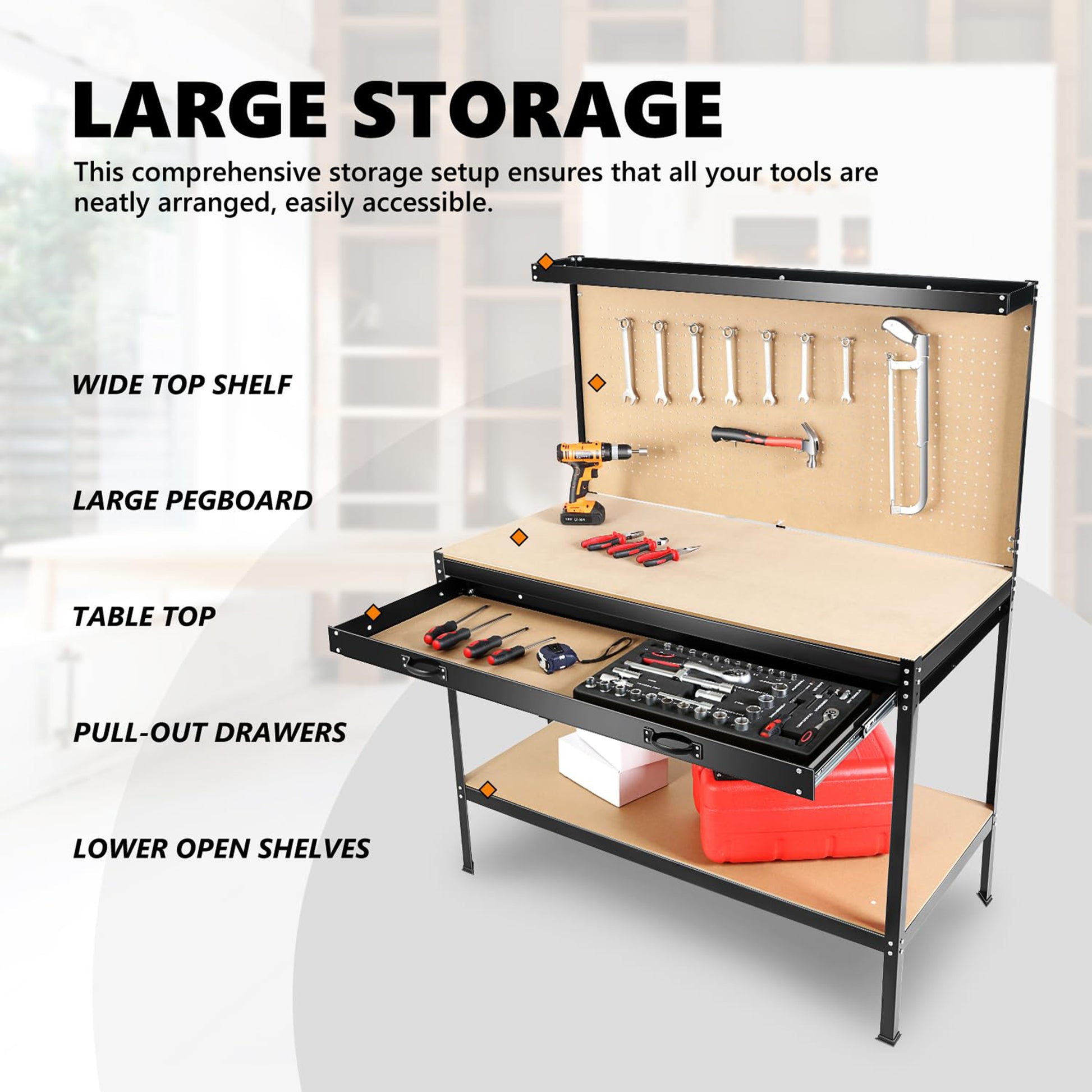 63" Tools Cabinet Working Tables Workbench Tool