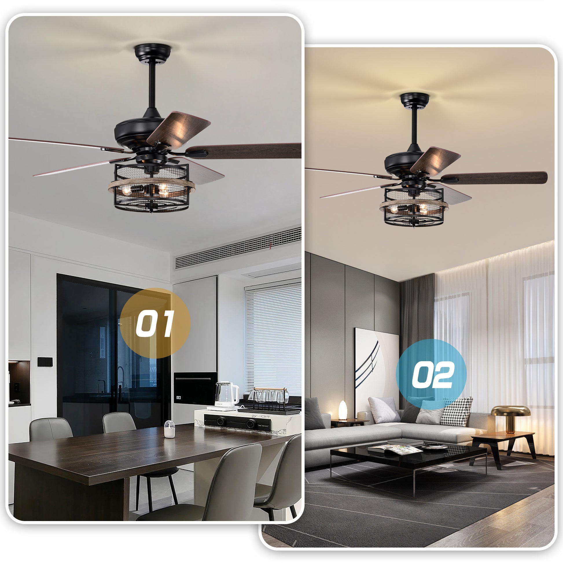 52 Inch Farmhouse Ceiling Fan with Remote,3 Lights matt black-american design-american