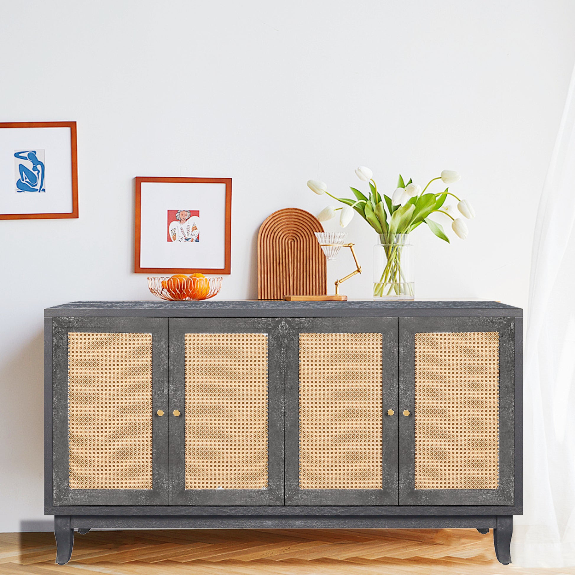 Handcrafted Premium Grain Panels,Rattan Sideboard antique black-mdf