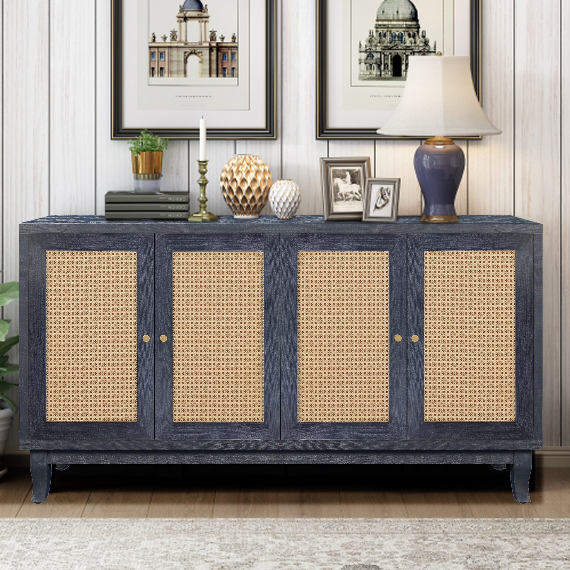 Handcrafted Premium Grain Panels,Rattan Sideboard antique black-mdf