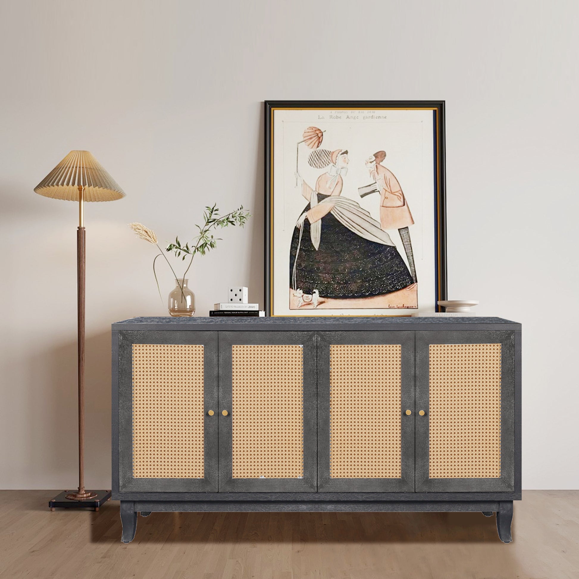 Handcrafted Premium Grain Panels,Rattan Sideboard antique black-mdf