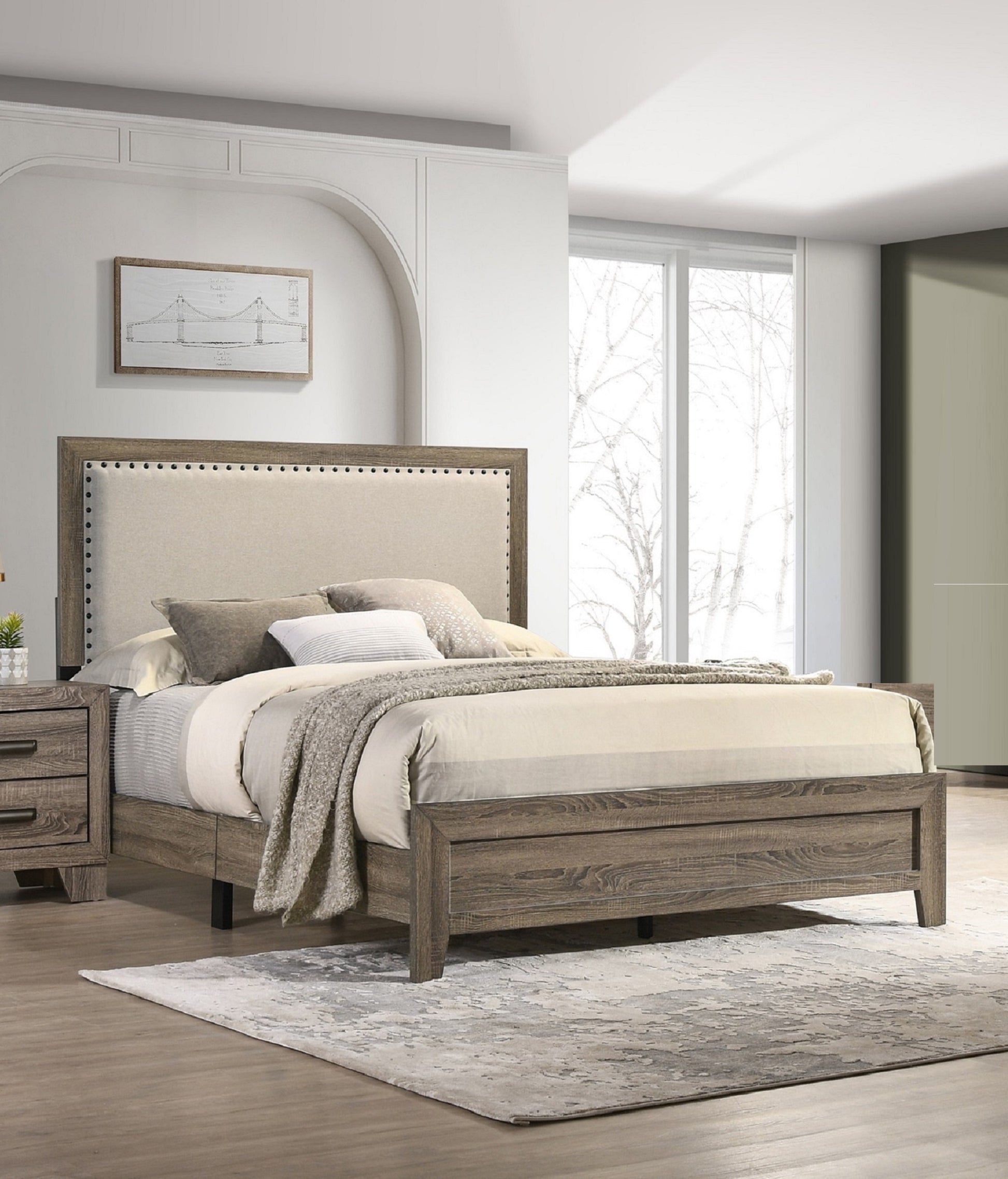 Grey Finish Fabric Upholstered Headboard Tufted box spring required-twin-grey-bed frame-wood