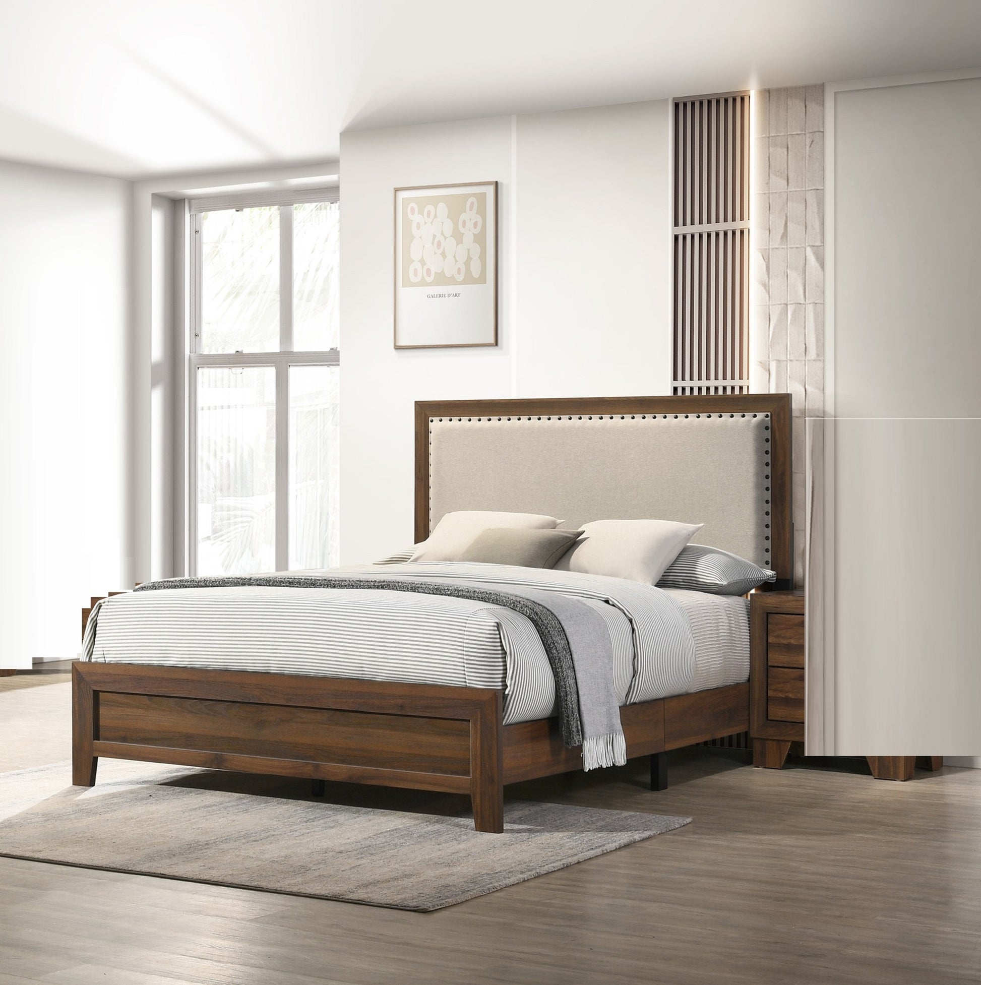 Brown Cherry Finish Fabric Upholstered Headboard box spring required-full-brown-bed frame-wood