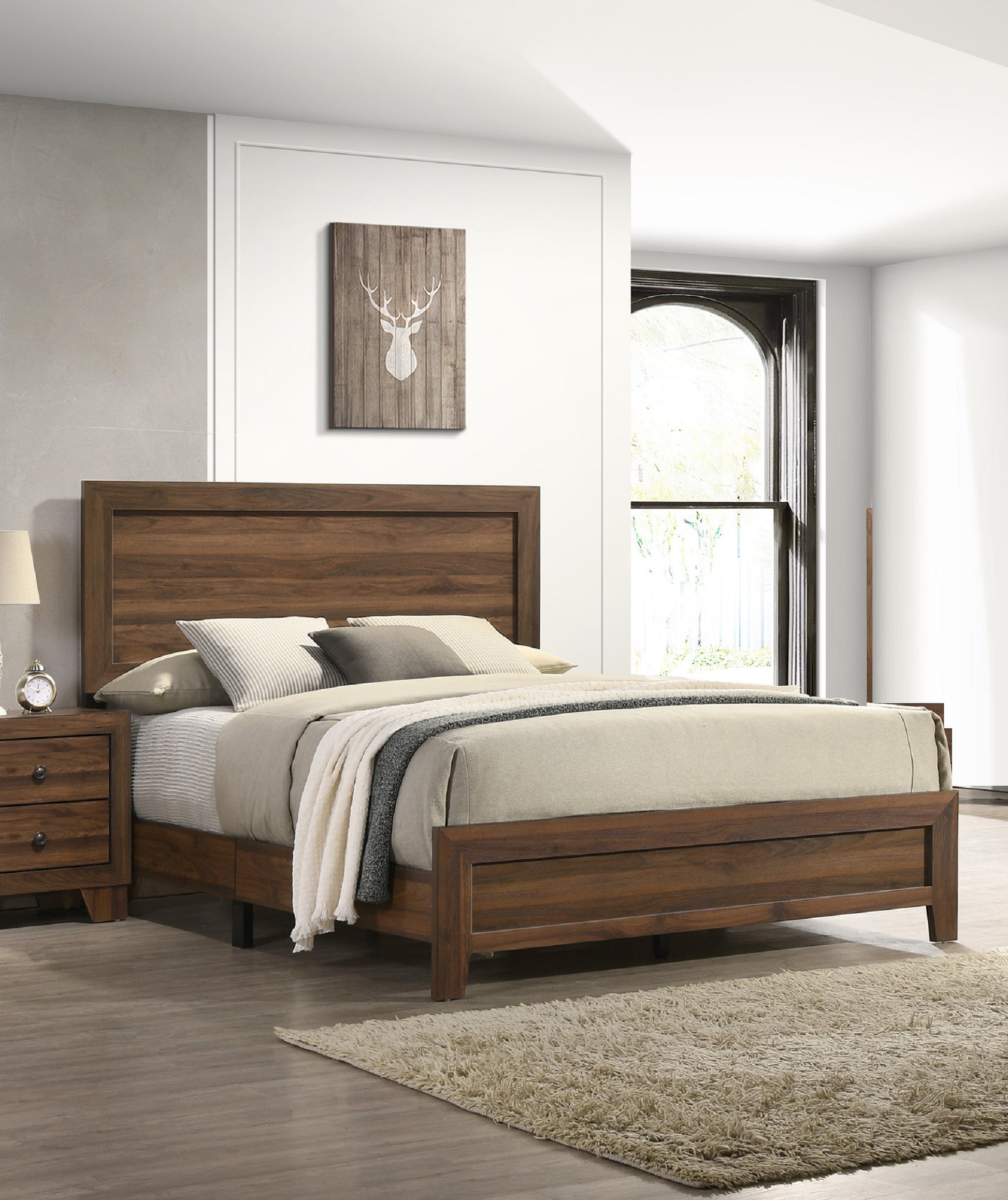 Brown Cherry Finish Fabric 1pc Queen Size Panel Bed box spring required-queen-brown-bed frame-wood