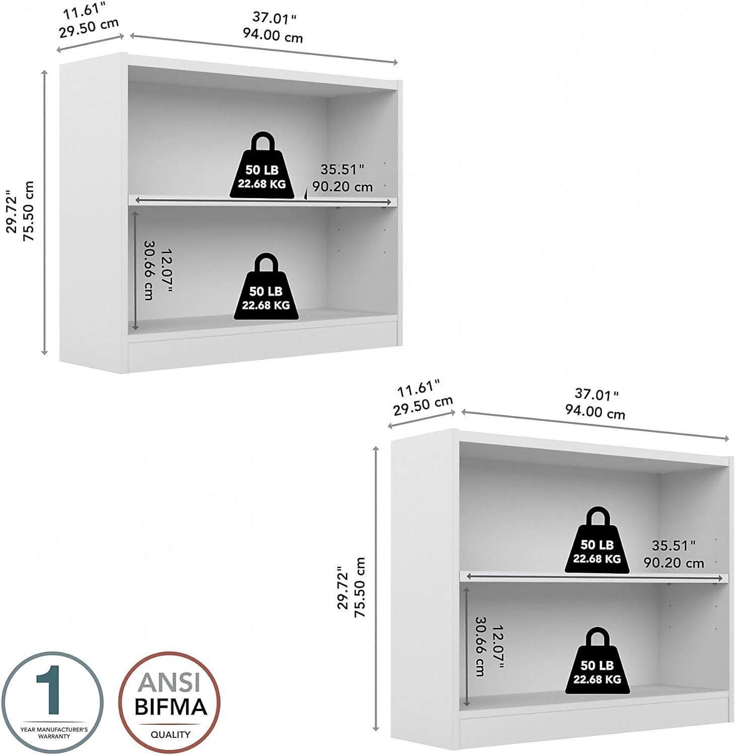 Bush Furniture Universal 2 Shelf Bookcase Set Of