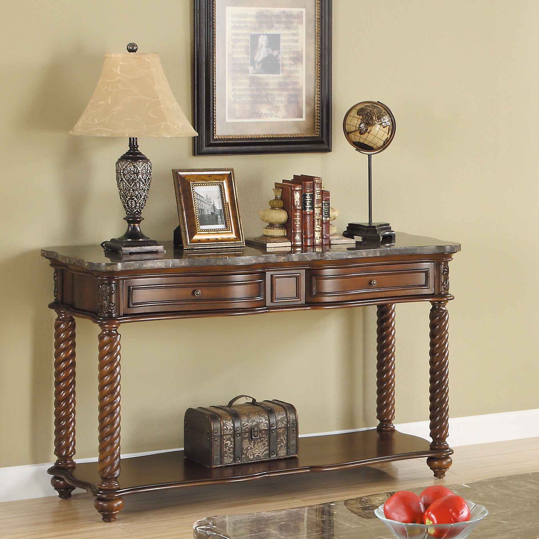 Traditional Formal Marble Top Sofa Table with 2 Drawer mahogany-primary living